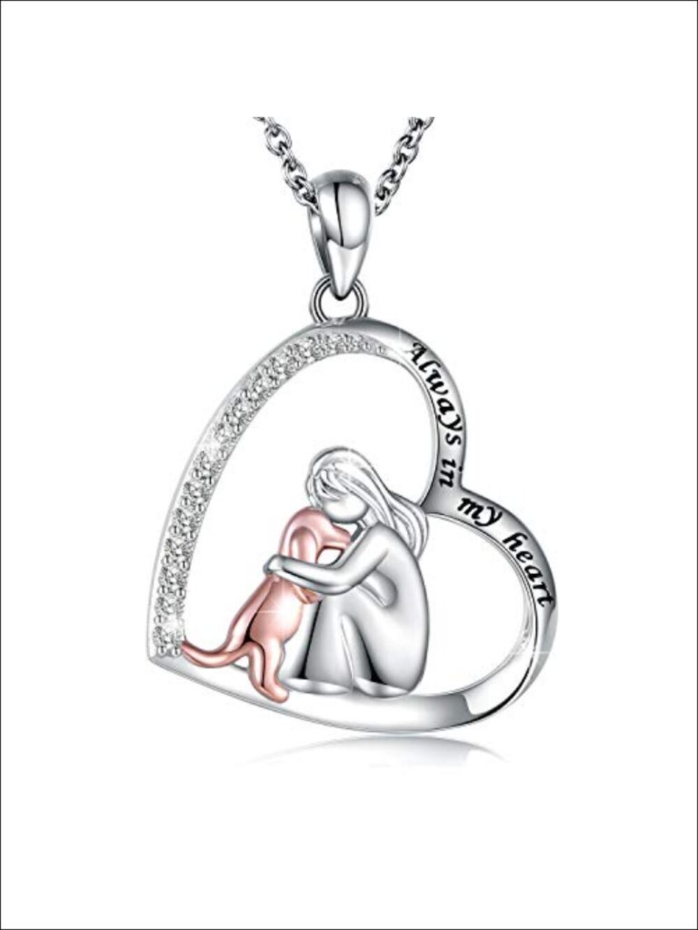 Sterling Silver Dog Pendant Necklace Rose Gold Plated Cubic Zirconia Heart Pet